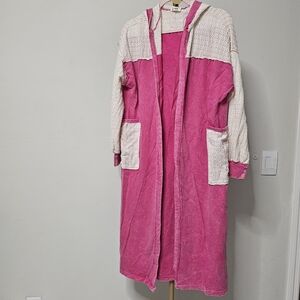 J.Her Pink Hooded Terry Lounge Robe w/ Crochet Knit Sleeves Boho Size Small